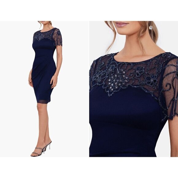 New Xscape Size 18 Beaded Short Sleeve Chiffon Sheath Dress Navy *Thread Pulls* - Picture 2 of 16